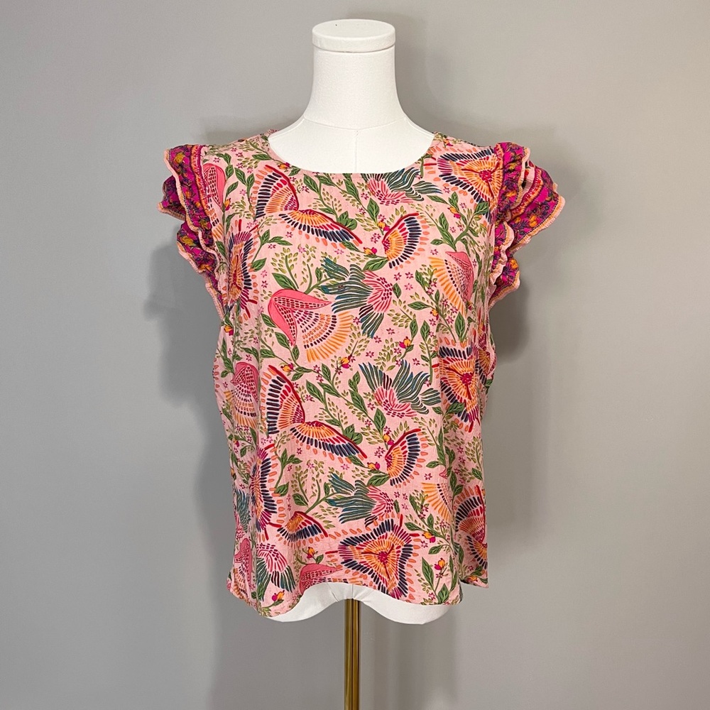 Cynthia Rowley Floral Ruffle Sleeve Top Size L - Picture 1 of 8
